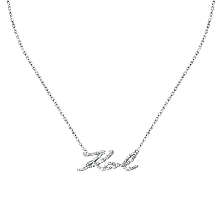 Дамско колие Karl Lagerfeld Charms от сребриста стомана с надпис Karl и бели кристали – модел KLAYD04, фронтален изглед