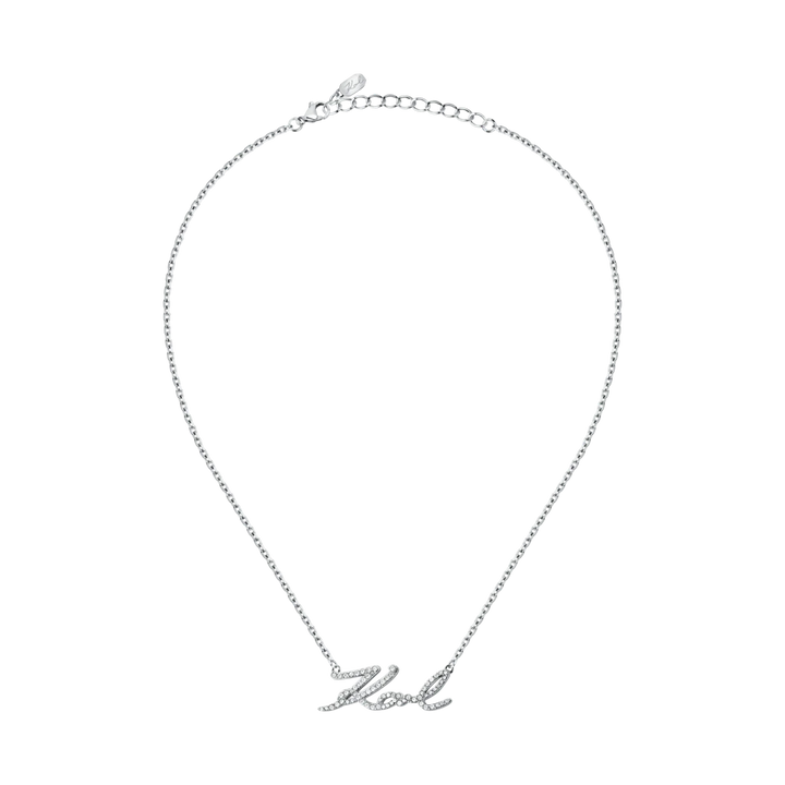 Дамско стоманено колие Karl Lagerfeld Charms с фина верижка 40+5 см и кристален надпис Karl – модел KLAYD04, изглед в цяла дължина