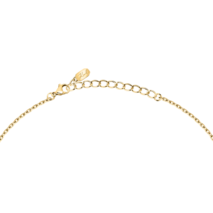 Дамско колие Karl Lagerfeld Charms, детайл на златистата стоманена верижка с карабинка и удължител 40–45 см – модел KLAYD03