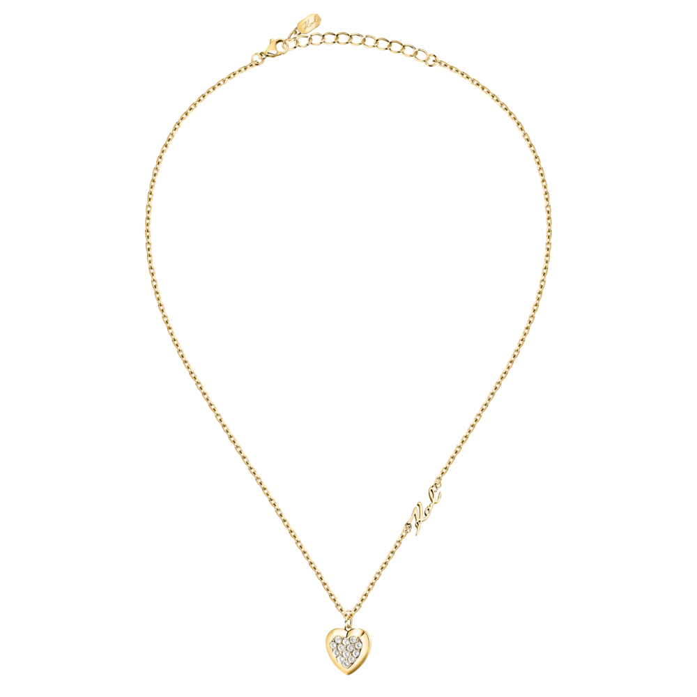 Дамско колие Karl Lagerfeld Charms, пълен изглед на златистата верижка с висулка сърце и страничен надпис Karl – модел KLAYD03