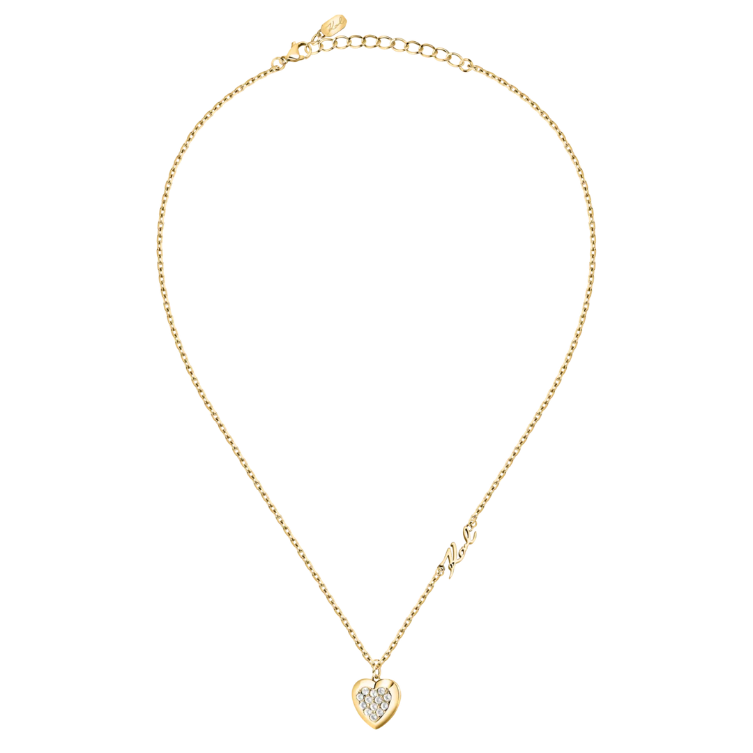 Дамско колие Karl Lagerfeld Charms, пълен изглед на златистата верижка с висулка сърце и страничен надпис Karl – модел KLAYD03