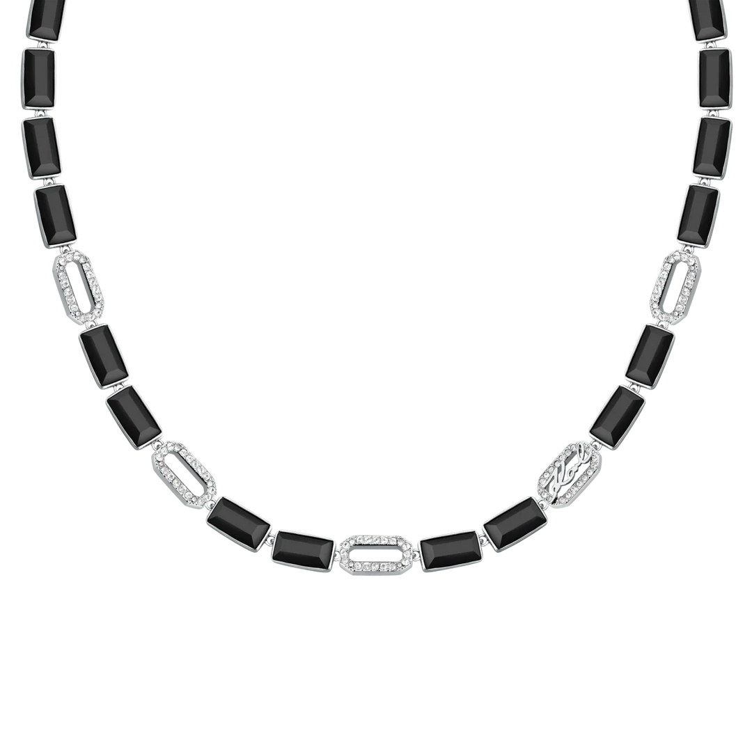 Дамско колие Karl Lagerfeld Crystals, сребриста стомана с черни правоъгълни кристали и бели паве елементи – модел KLAYC03, детайлен изглед