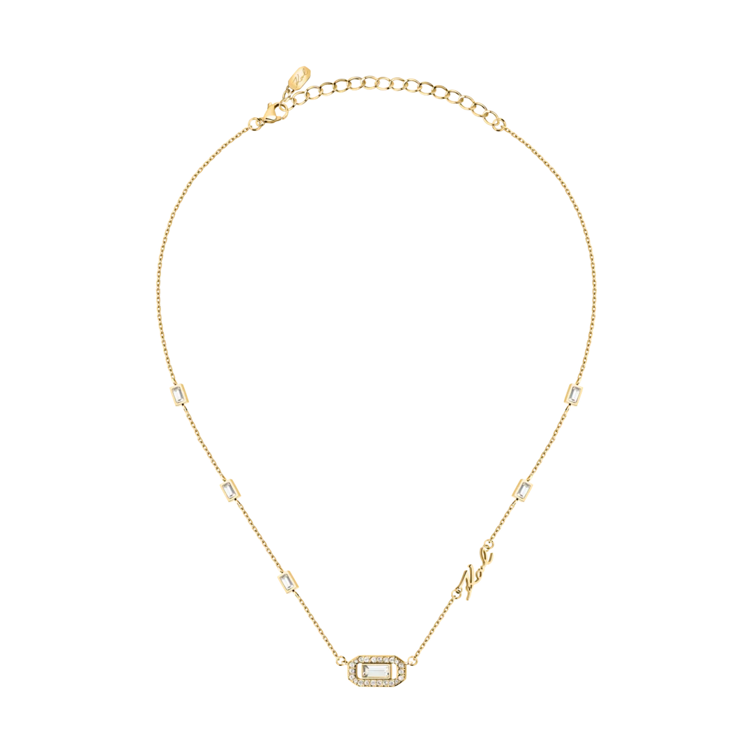 Дамско колие Karl Lagerfeld Crystals, деликатно златисто колие с централен елемент и надпис Karl – модел KLAYC09