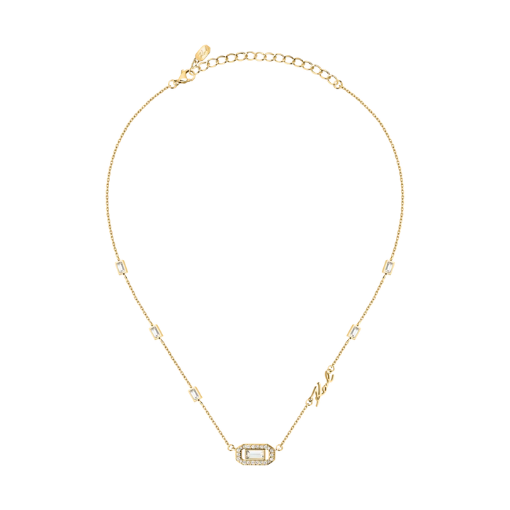 Дамско колие Karl Lagerfeld Crystals, деликатно златисто колие с централен елемент и надпис Karl – модел KLAYC09