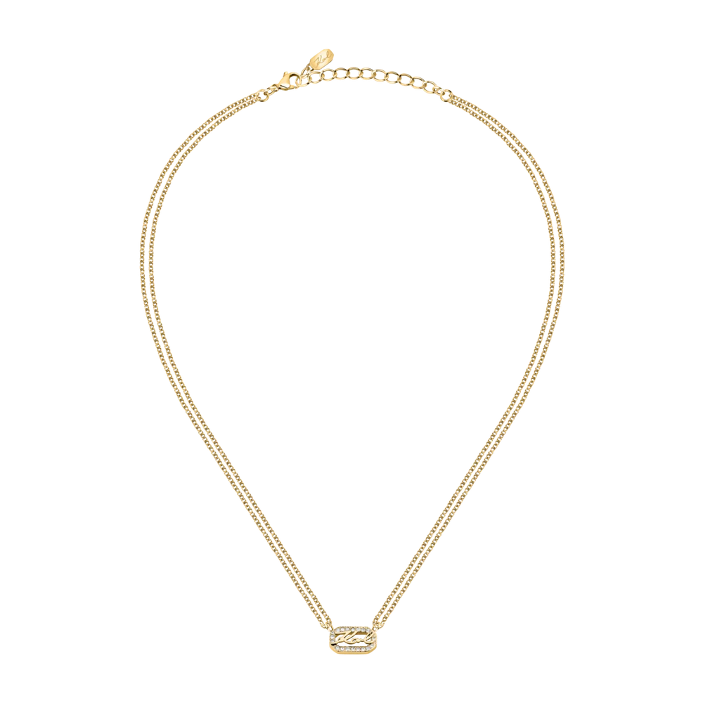 Дамско колие Karl Lagerfeld Crystals, фин златист дизайн с централен елемент и кристали, двойна верижка – модел KLAYC12, цял изглед