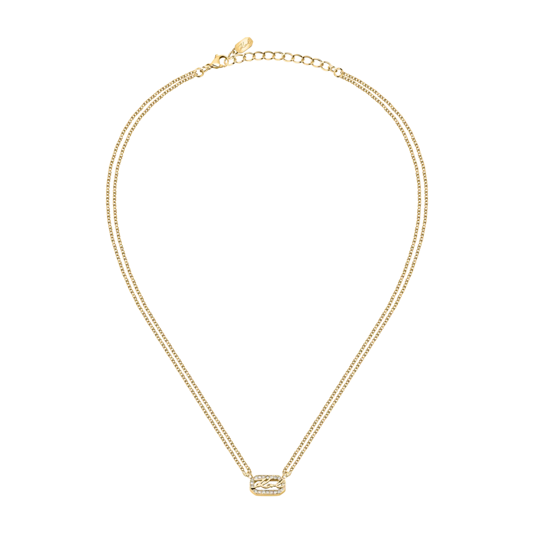 Дамско колие Karl Lagerfeld Crystals, фин златист дизайн с централен елемент и кристали, двойна верижка – модел KLAYC12, цял изглед