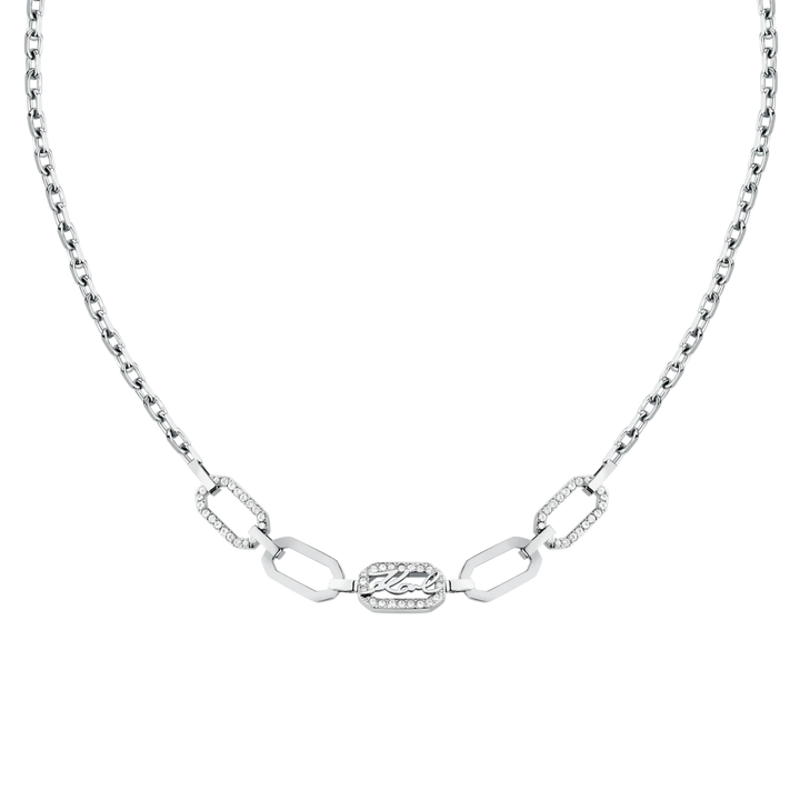 Дамско колие Karl Lagerfeld Crystals със сребриста верижка и централен елемент с бели кристали и лого – модел KLAYC14