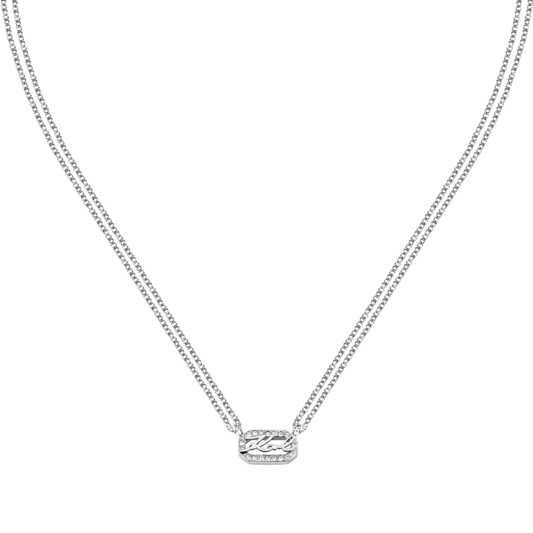 Дамско колие Karl Lagerfeld Crystals със сребриста двойна верижка и правоъгълен елемент с бели кристали – модел KLAYC13