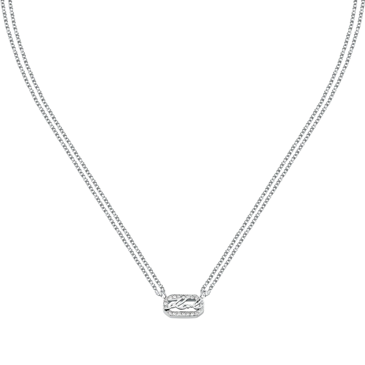 Дамско колие Karl Lagerfeld Crystals със сребриста двойна верижка и правоъгълен елемент с бели кристали – модел KLAYC13