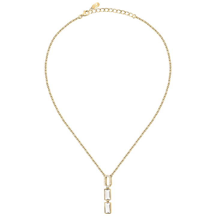 Дамско колие Karl Lagerfeld Crystals в тенис стил със златисто покритие и висяща висулка с бели кристали – KLAYC08, цял изглед