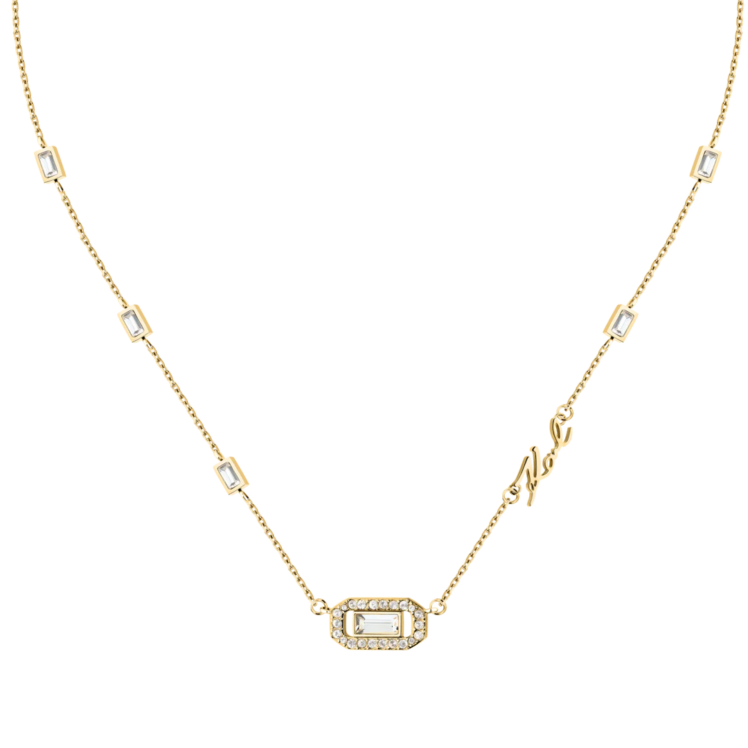 Дамско колие Karl Lagerfeld Crystals, златиста верижка с правоъгълни бели кристали и овален медальон – модел KLAYC09