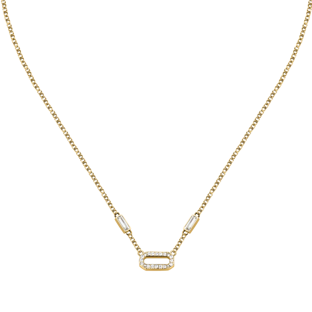 Дамско колие Karl Lagerfeld Crystals със златиста стоманена верижка и централен елемент с бели кристали – модел KLAYC10