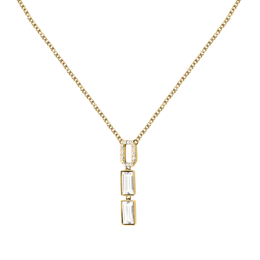 Колие Karl Lagerfeld Crystals със златиста стоманена верижка и удължена правоъгълна висулка с бели кристали – модел KLAYC08