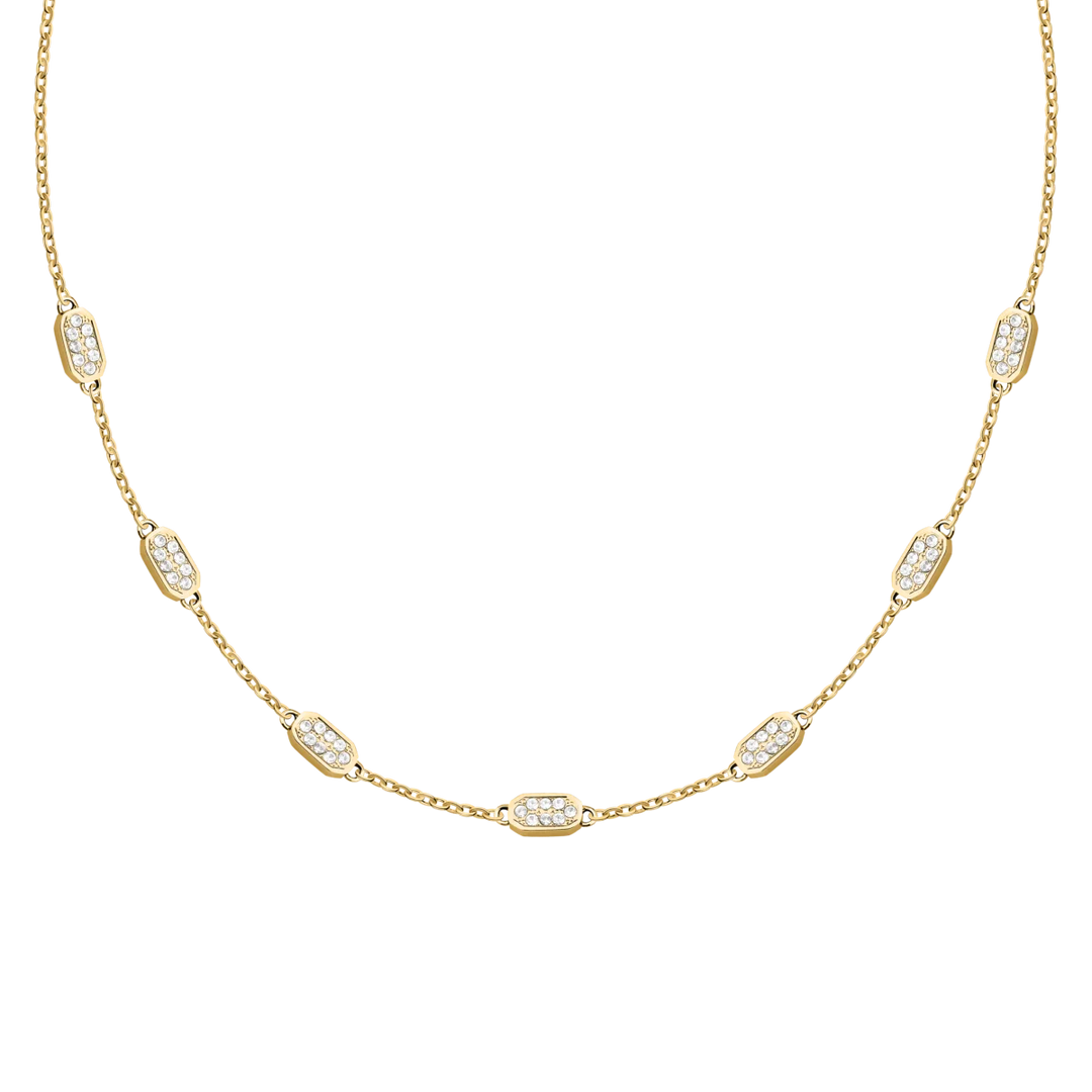 Дамско колие Karl Lagerfeld Crystals със златиста стоманена верижка и овални елементи с бели кристали – модел KLAYC58