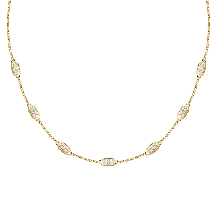 Дамско колие Karl Lagerfeld Crystals със златиста стоманена верижка и овални елементи с бели кристали – модел KLAYC58