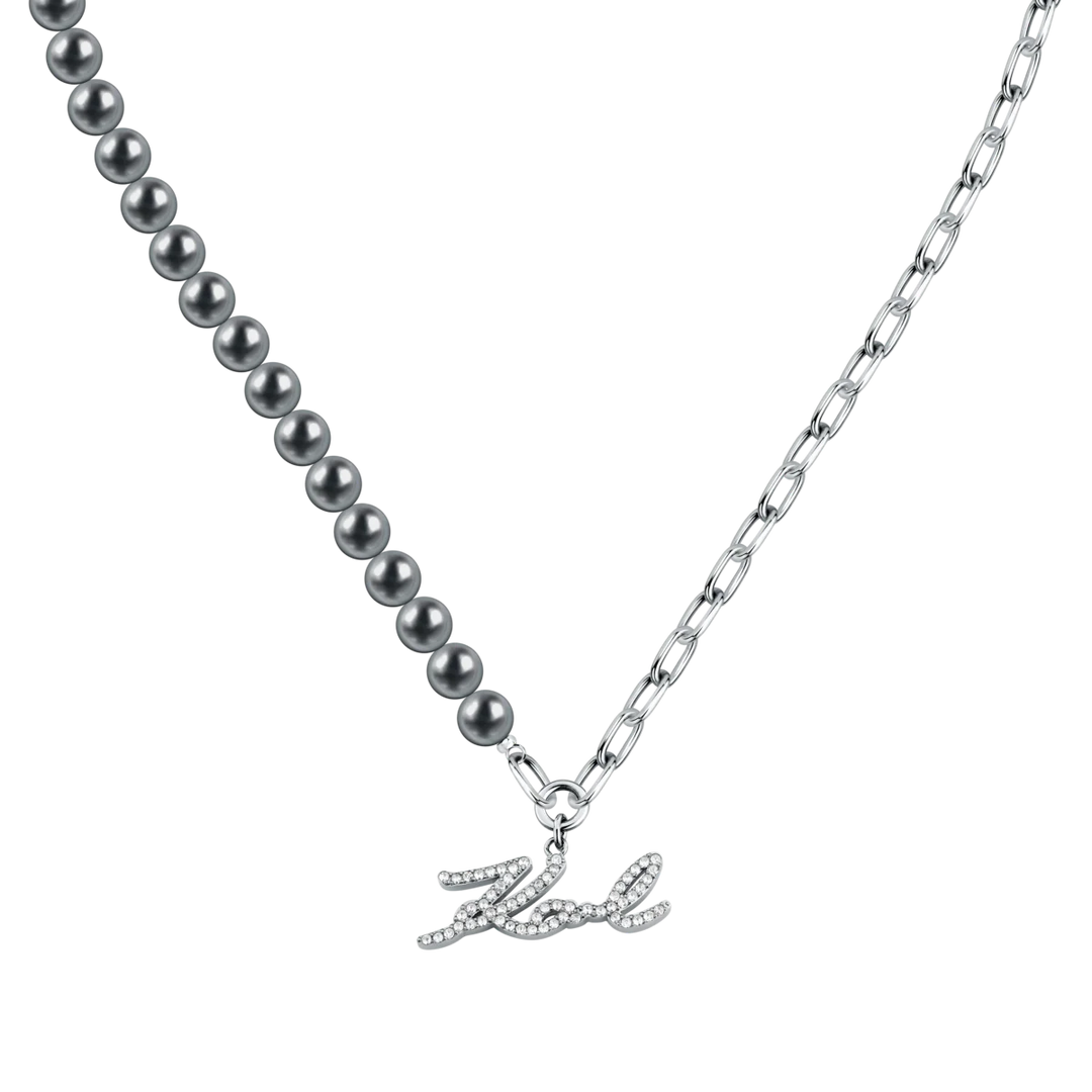 Дамско колие Karl Lagerfeld Pearl с асиметричен дизайн, тъмносиви перли и стоманена верижка – модел KLAYR02, детайлен изглед