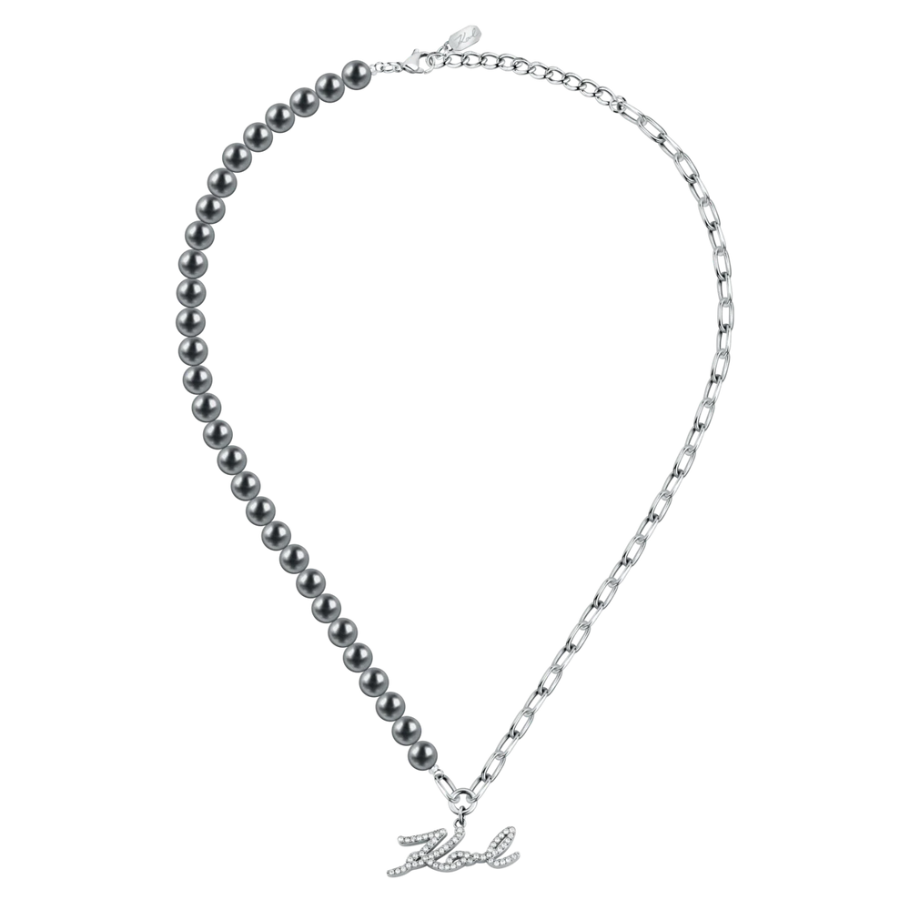 Дамско колие Karl Lagerfeld Pearl с ред от тъмносиви перли, верижка и кристална висулка „Karl“ – модел KLAYR02, пълен изглед