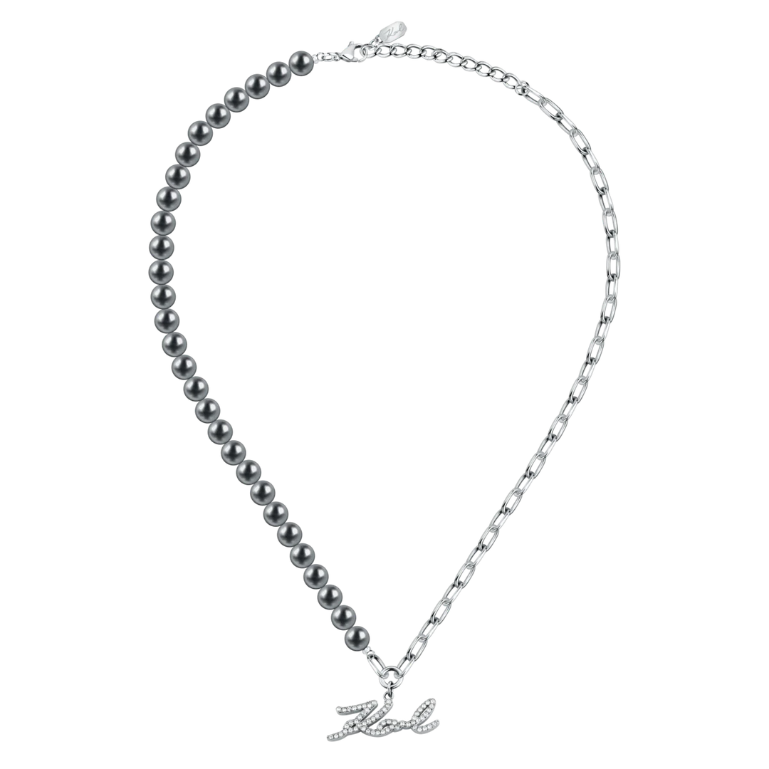 Дамско колие Karl Lagerfeld Pearl с ред от тъмносиви перли, верижка и кристална висулка „Karl“ – модел KLAYR02, пълен изглед