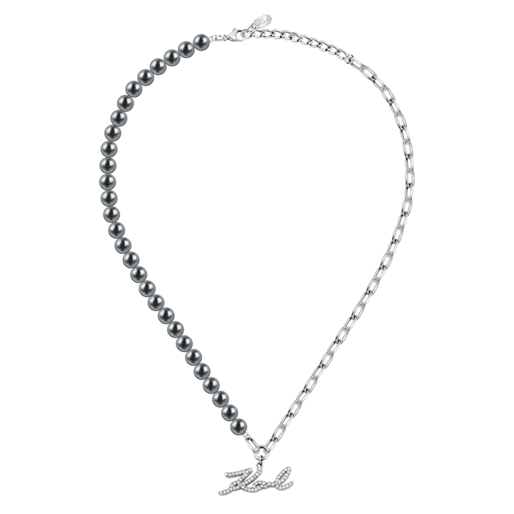 Дамско колие Karl Lagerfeld Pearl с ред от тъмносиви перли, верижка и кристална висулка „Karl“ – модел KLAYR02, пълен изглед