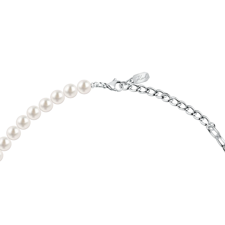 Дамско колие Karl Lagerfeld Pearl, детайл на перлите, стоманената верижка и регулиращото се закопчаване 40–45 см – модел KLAYR03