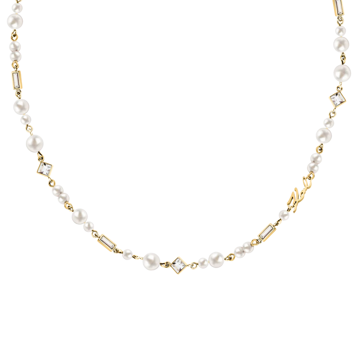 Дамско колие Karl Lagerfeld Pearl със златисто IP покритие, бели перли и кристали – модел KLAYR17, детайлен изглед