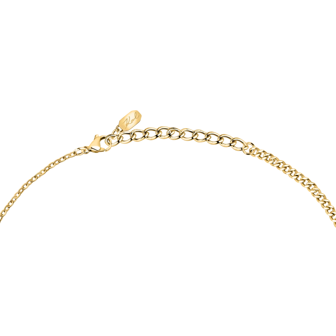 Дамско колие Karl Lagerfeld Pearl, детайл на златистата верижка с карабинка и малък елемент с логото Karl – модел KLAYR12