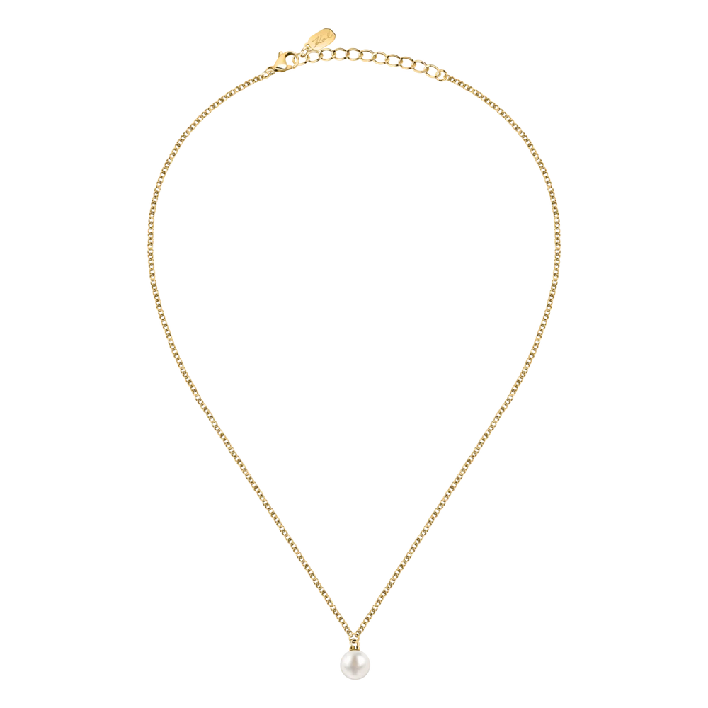 Дамско колие Karl Lagerfeld Pearl, пълен изглед на златистата верижка с висяща перла и дължина 40–45 см – модел KLAYR18