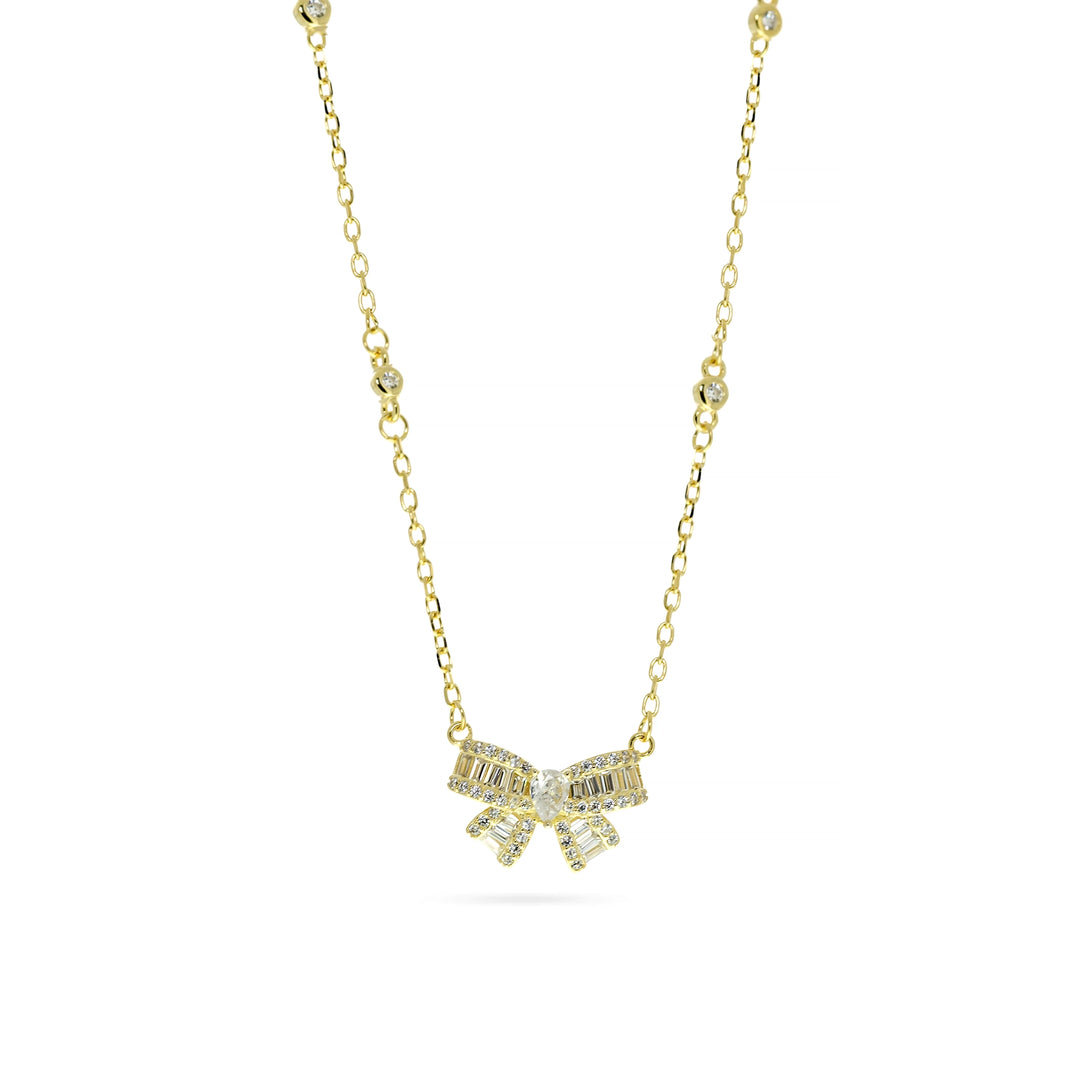 Дамско сребърно колие със златно покритие и висулка във формата на панделка