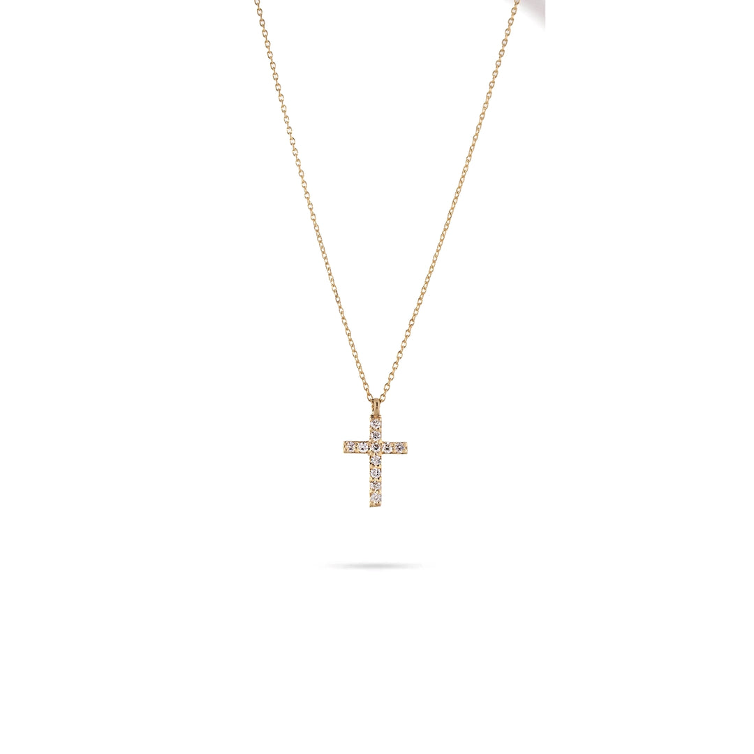 Дамско златно колие с кръст и инкрустирани диаманти 