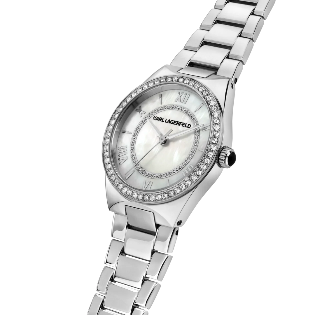 Детайл на бял MOP циферблат с кристали на дамски часовник Karl Lagerfeld Hamburg – часовник Karl Lagerfeld R0553105506
