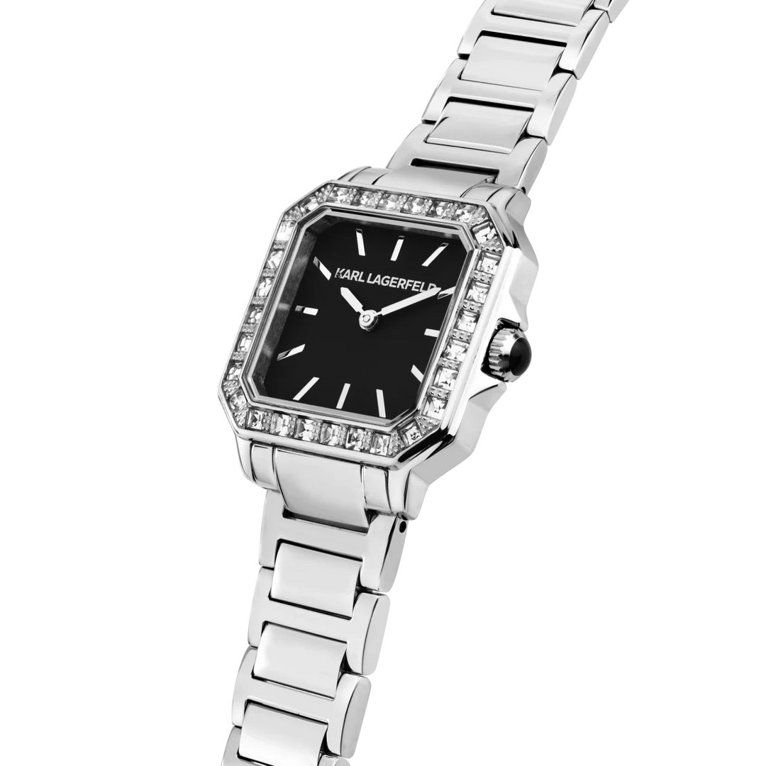 Детайл на черния циферблат и безела с кристали на дамски часовник Karl Lagerfeld Square Classics – часовник R0553102502