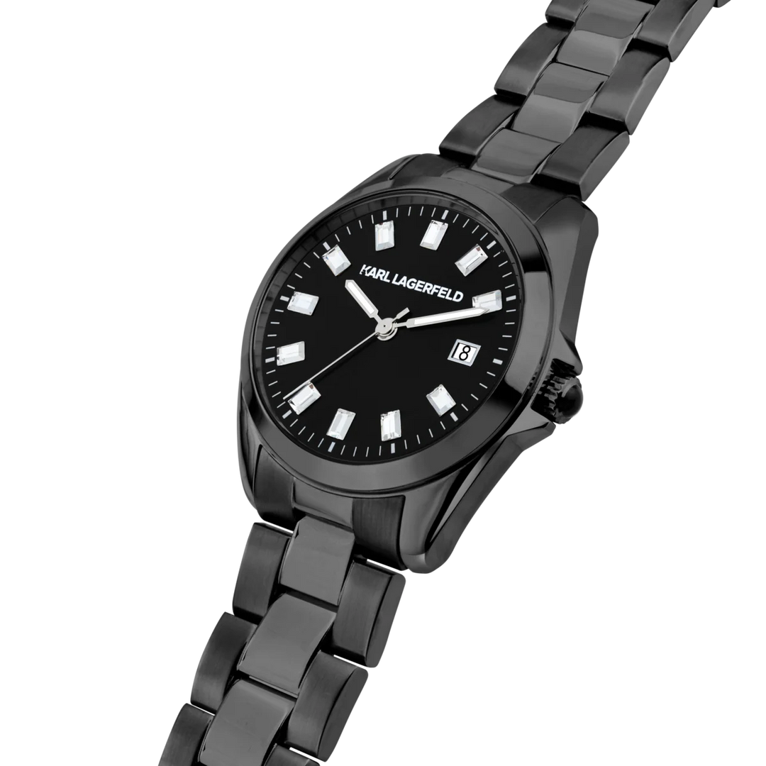 Детайл на черен циферблат с кристални индекси и дата на дамски часовник Karl Lagerfeld Round Essentials – часовник R0553101513