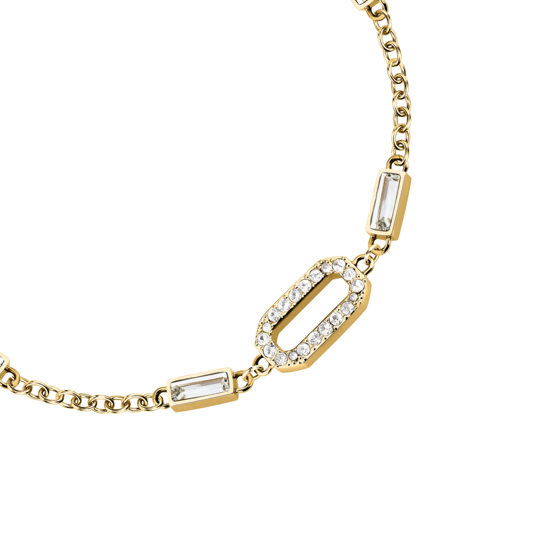 Детайлен изглед на дамска гривна Karl Lagerfeld Crystals с правоъгълни елементи и паве от бели кристали – KLAYC20