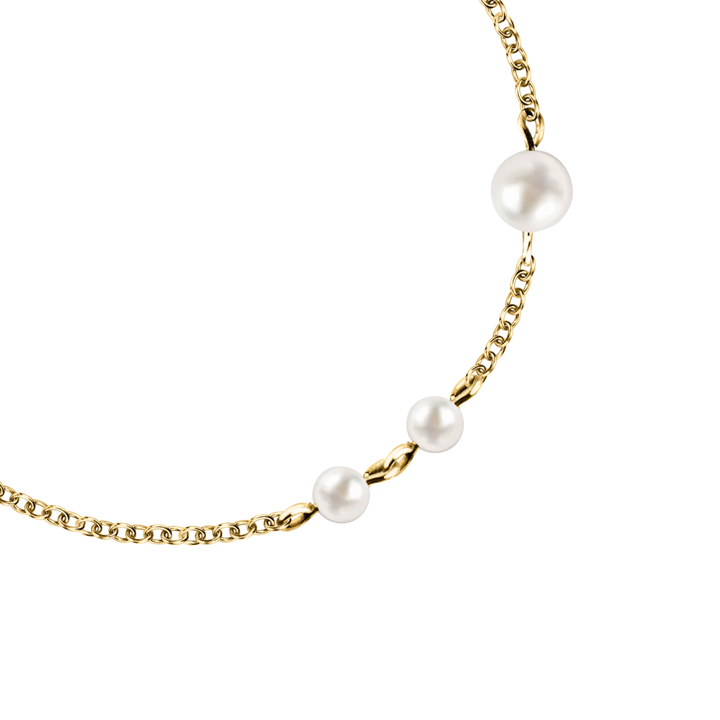 Детайлен изглед на дамска гривна Karl Lagerfeld Pearl с три бели перли върху златиста верижка – KLAYR20