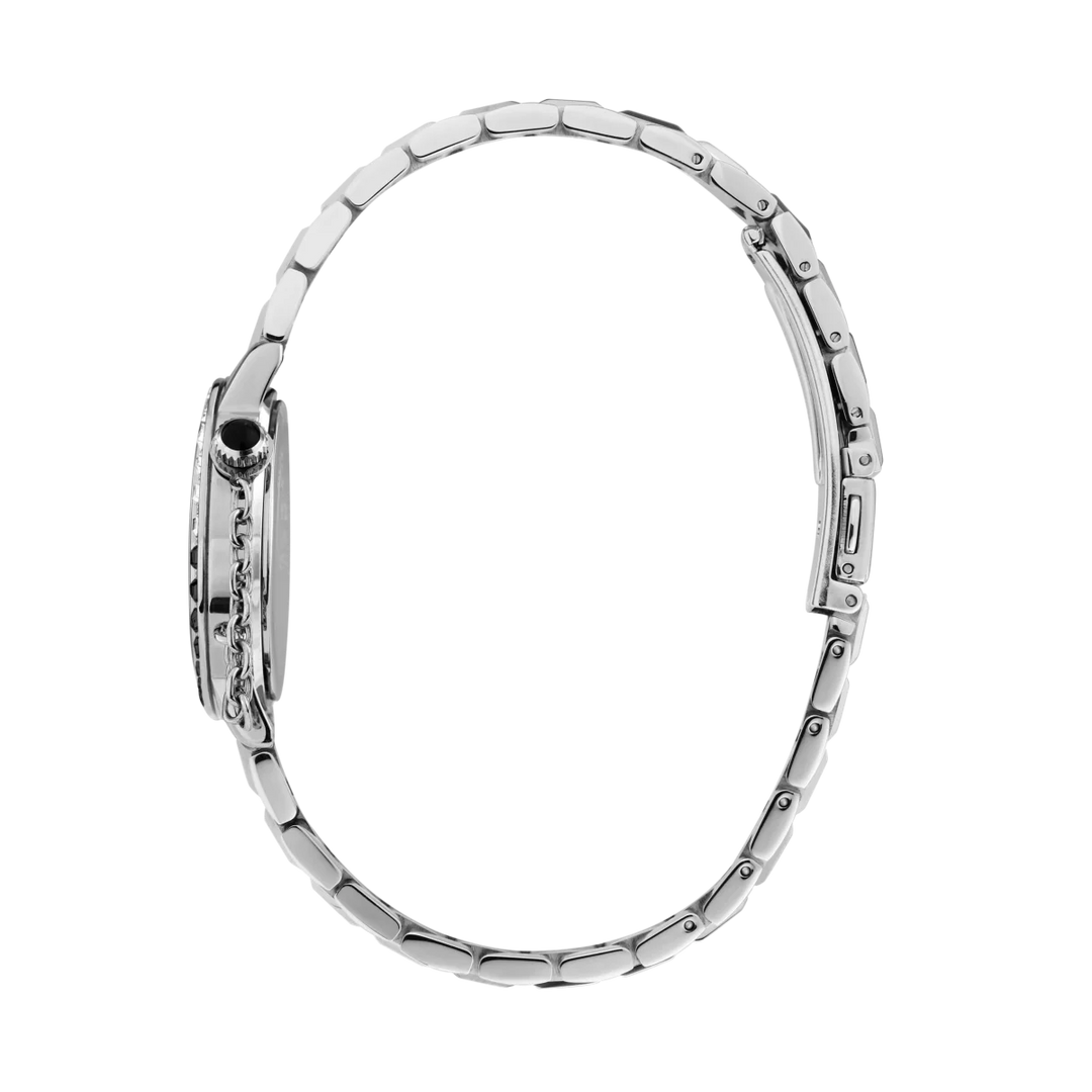 Детайлен изглед на дамски часовник Karl Lagerfeld Crystals с бял циферблат, черни и бели кристали и декоративна верижка до коронката – R0553100501