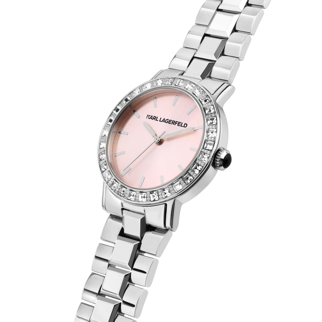 Детайл на розовия циферблат и безела с кристали на дамски часовник Karl Lagerfeld Crystals – часовник R0553100512