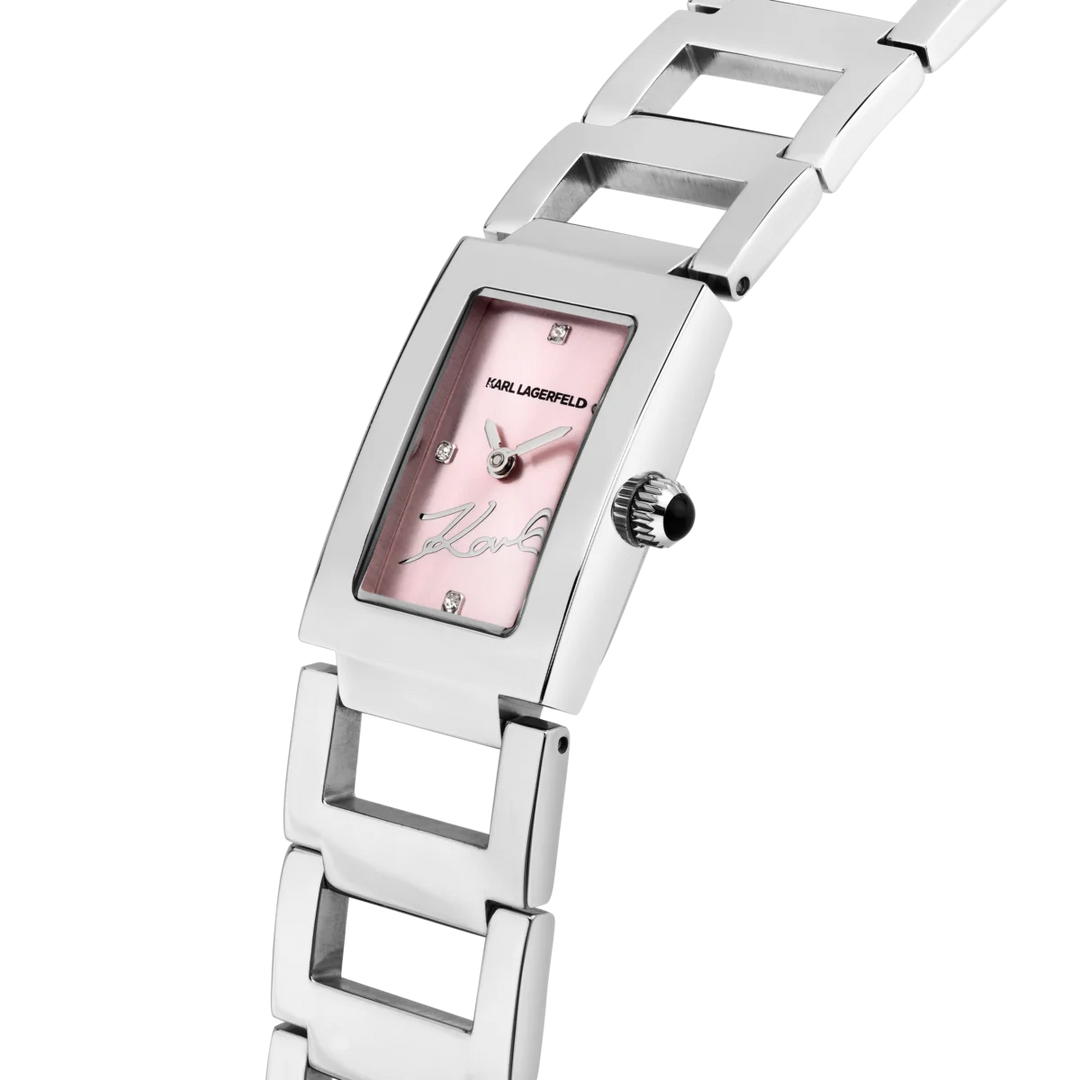 Детайл на розов циферблат с кристали на дамски часовник Karl Lagerfeld Paris – часовник модел R0553103505
