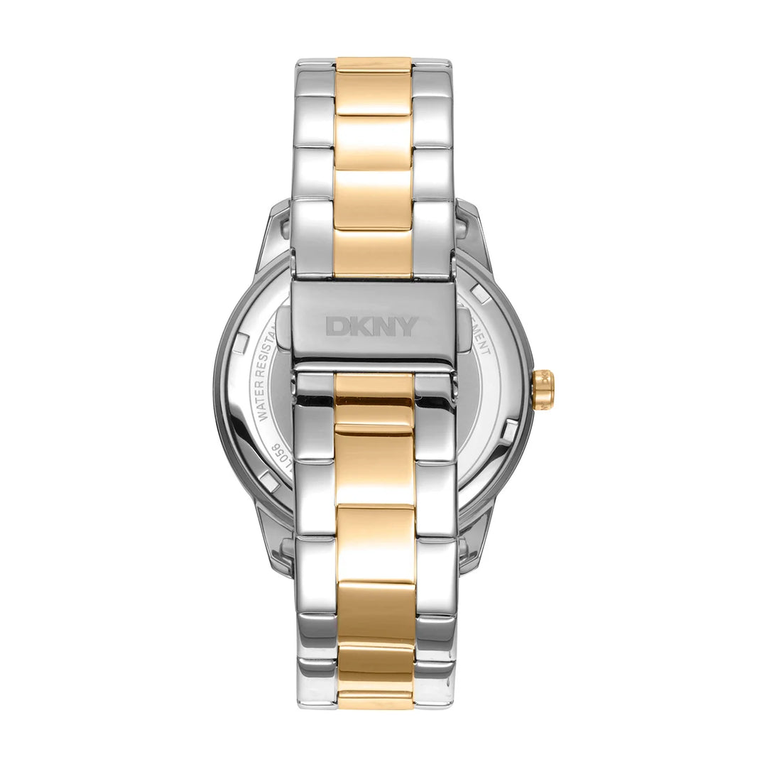 Гръб на дамски часовник DKNY Chambers Multi Glitz – двуцветна стоманена верижка и сгъваема закопчалка, часовник DKNY модел DK1L056M0065