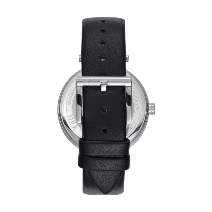 Гръб на дамски часовник DKNY Logo – черна кожена каишка с класическа тока, модел DK1L041L0015