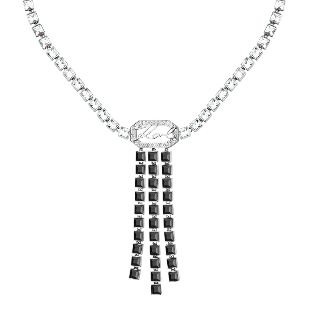 Дамско колие Karl Lagerfeld Crystals от сребриста стомана с бели кристали и черен кристален пискюл – модел KLAYC02, детайлен изглед