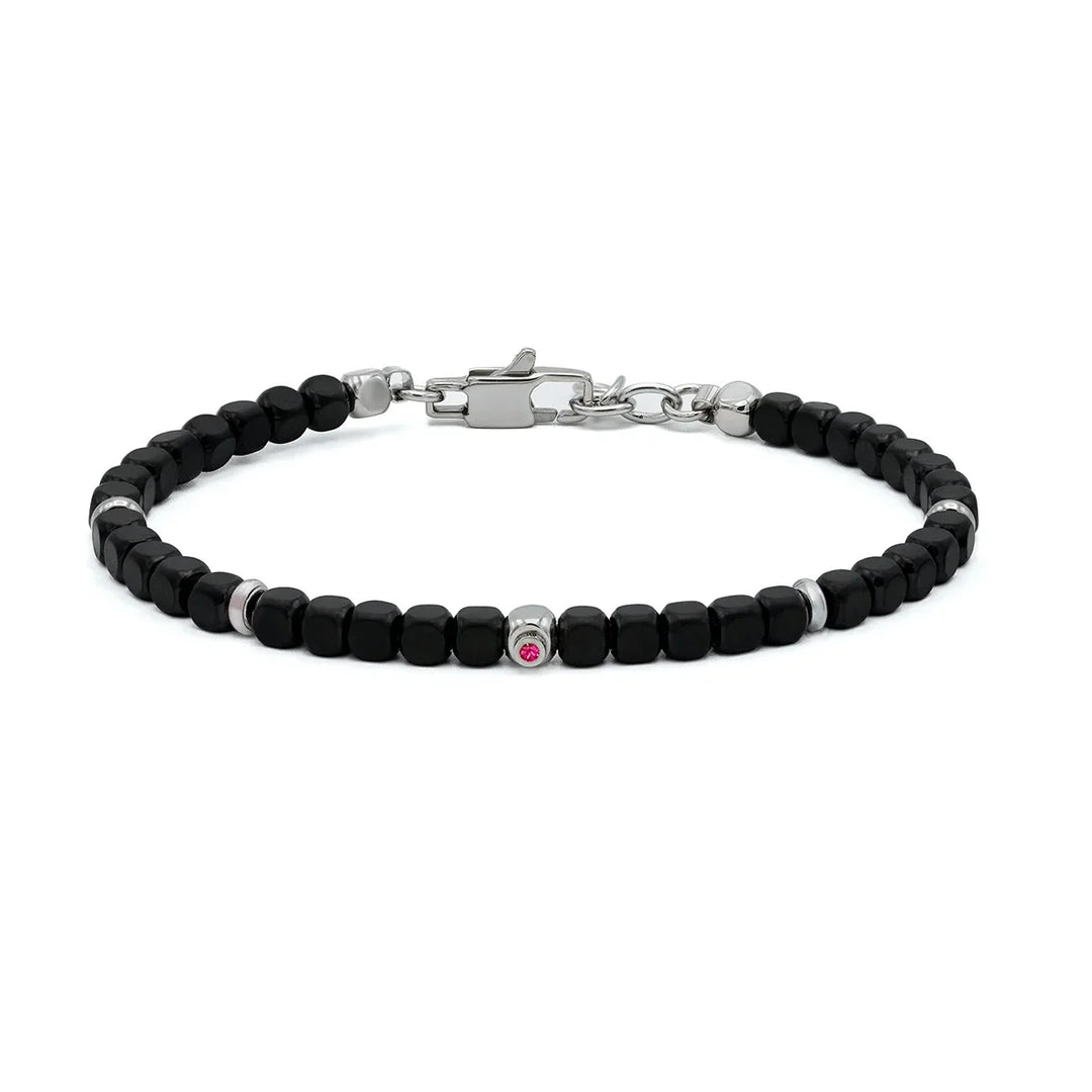Мъжка гривна H2on с черни кубчета PVD и естествен рубин от неръждаема стомана 316L – модел HO051-R1