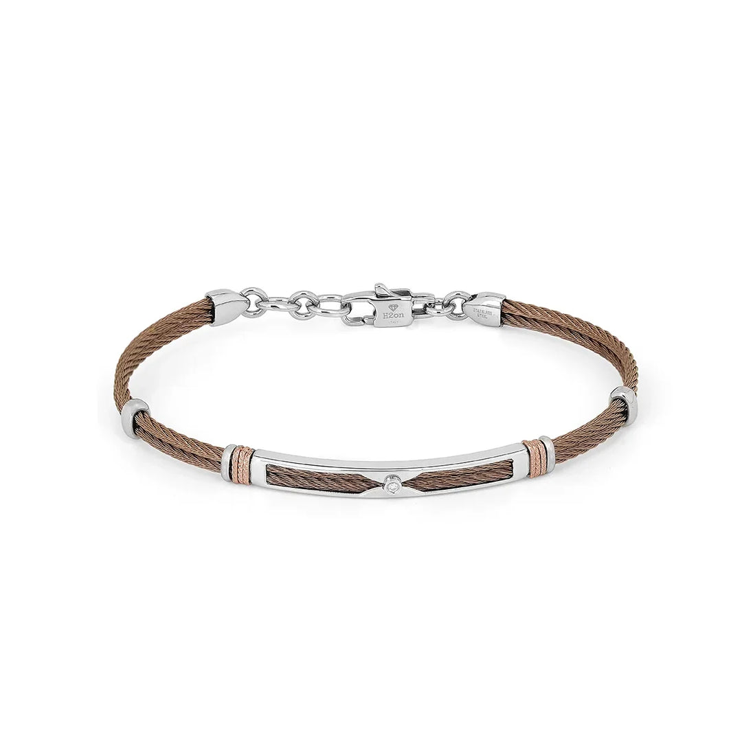 Мъжка гривна H2ON от стомана с кафяв PVD кабел и естествен диамант – модел HO052-1
