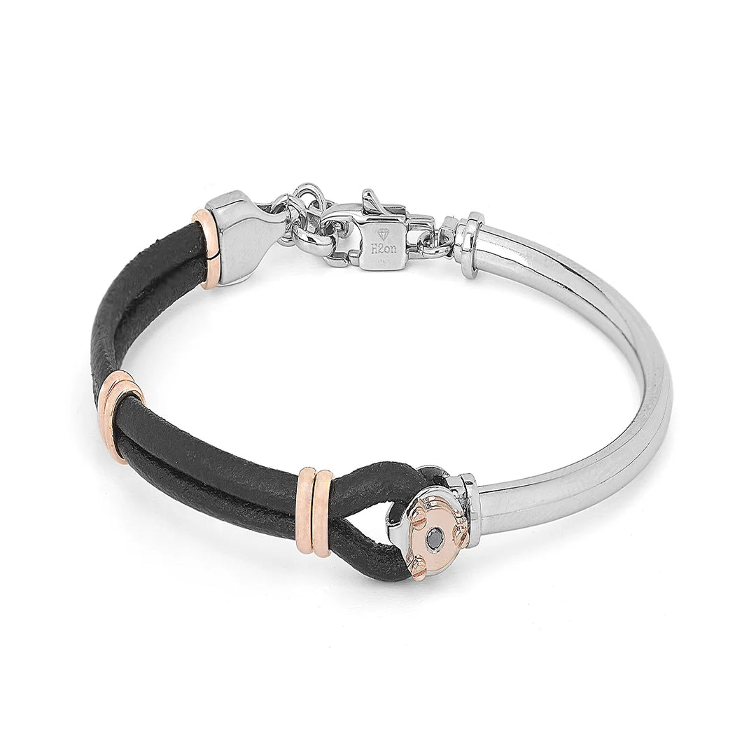 Мъжка гривна H2on от стомана и черна кожа с черен диамант 0.025 ct – модел HO050-1