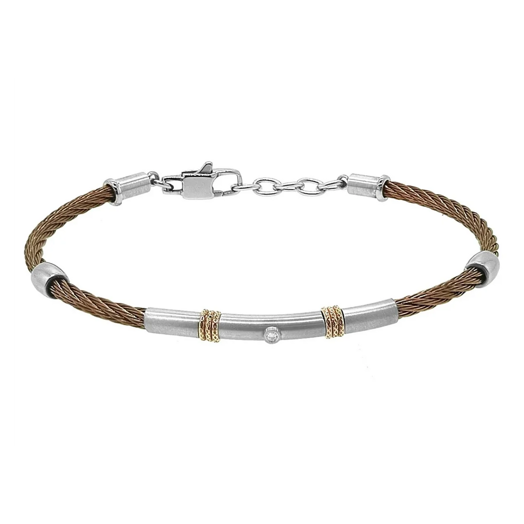 Мъжка гривна H2on от стомана с кафяв PVD кабел и естествен диамант 0.015 ct – модел HO052-51