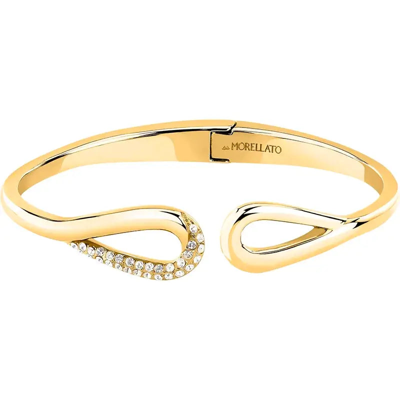 Позлатена твърда гривна bangle от стомана със златно PVD и бели кристали, фронтален студиен кадър.