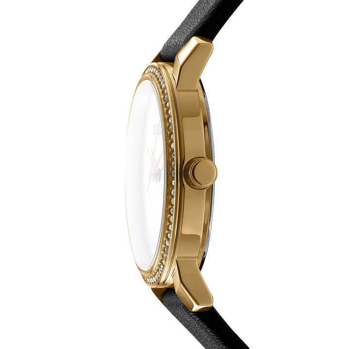 Профил на дамски часовник DKNY Astoria Glitz – тънък златист корпус и безел с кристали, модел DK1L065L0025