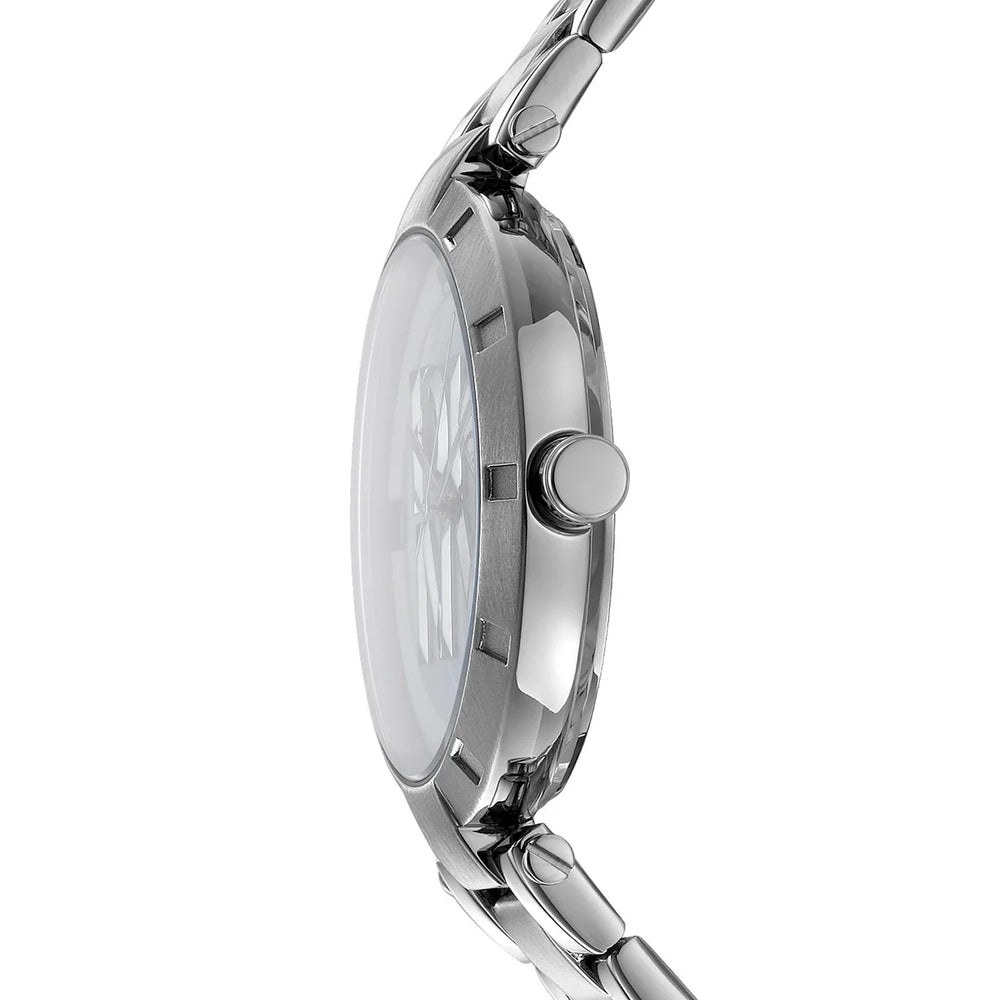 Профил на дамски часовник DKNY Essential Logo – тънък сребрист корпус с IP покритие (~8 мм), модел DK1L041M0045