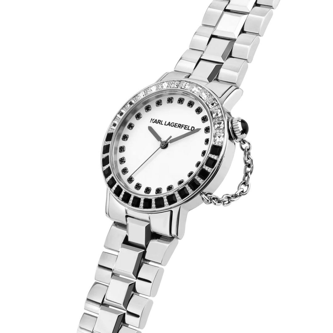 Страничен профил на дамски часовник Karl Lagerfeld Crystals с тънък стоманен корпус и безел с кристали – часовник Karl Lagerfeld R0553100501