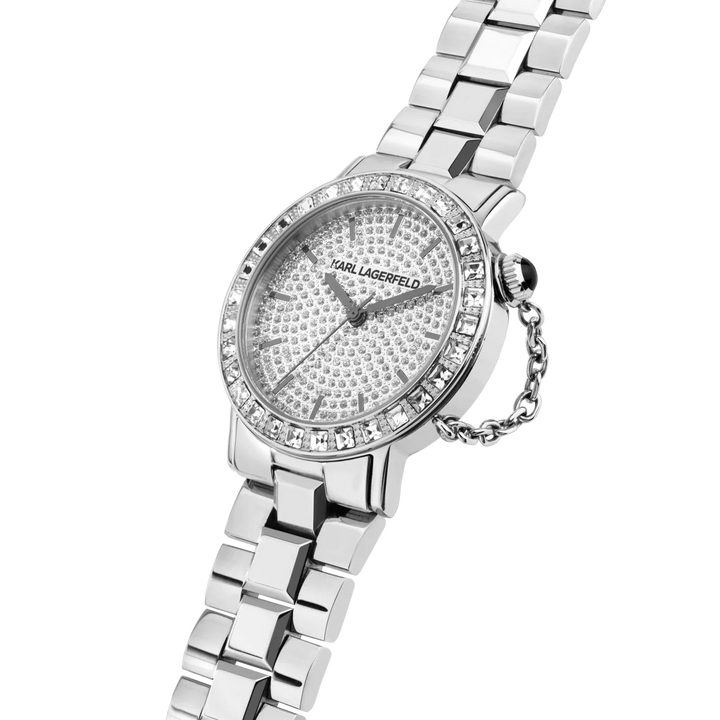 Страничен профил на дамски часовник Karl Lagerfeld Crystals с тънък сребрист корпус и блестящ циферблат с кристали – часовник R0553100506
