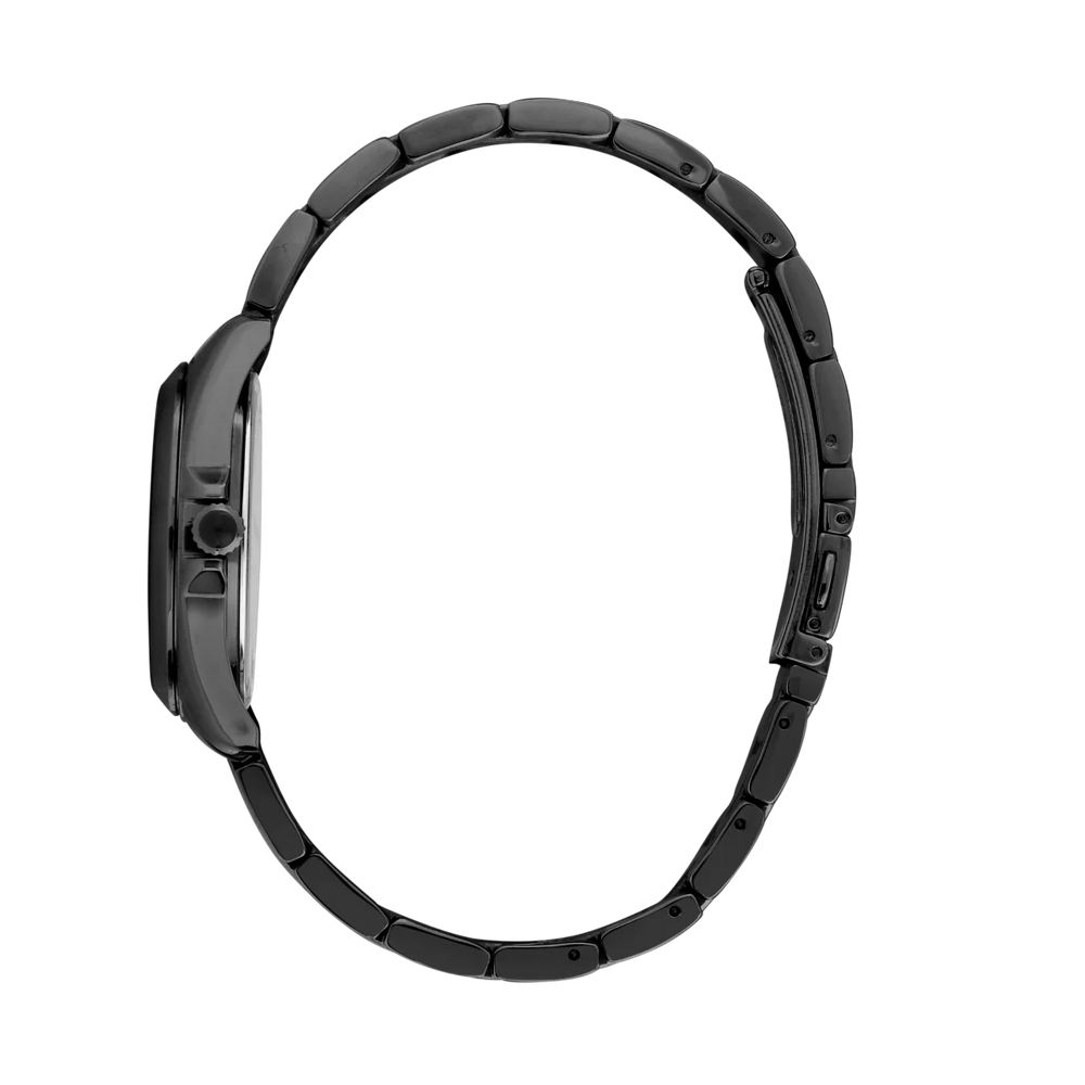 Страничен профил на дамски часовник Karl Lagerfeld Round Essentials с тънък черен PVD корпус и стоманена верижка – часовник R0553101513